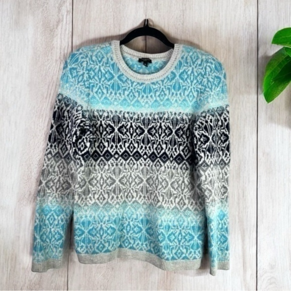 Talbots Fair Isle Snowflake Blue Crewneck Lambs Wool-blend Sweater womens MP